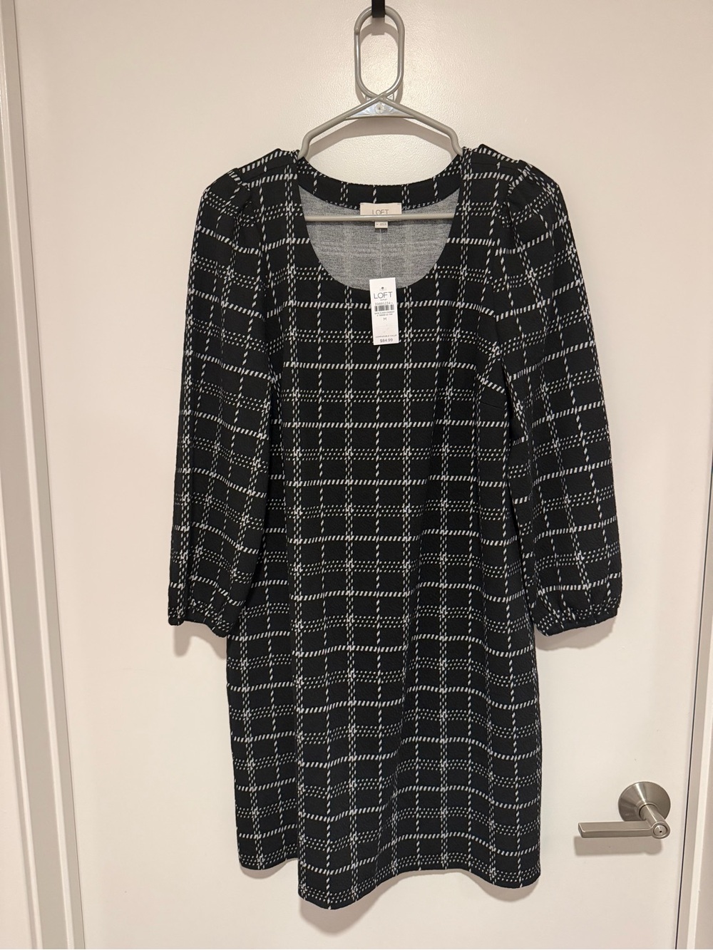 LOFT Black and White Windowpane Long Sleeve Knit Dress